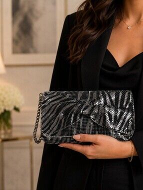 Aldo Sequin Zebra Evening Clutch Bag in Silver Black Metsllic Chain